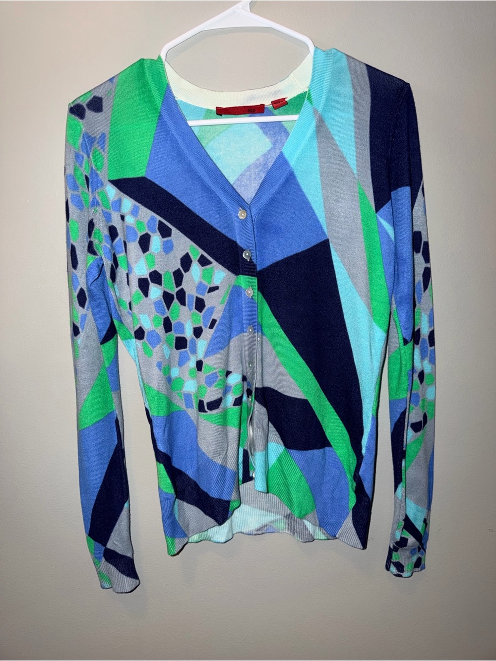Red Brand Blue & Green Geometric V-Neck Cardigan